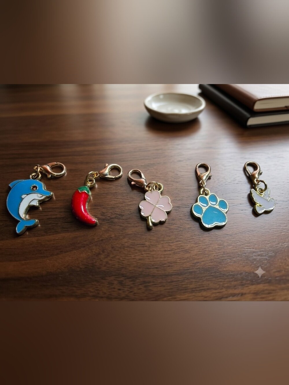 Cute Enamel Charm Set - Dolphin, Chili, Clover, Paw & Dove